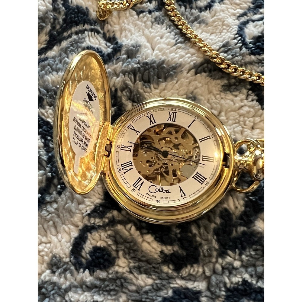 Colibri London Quartz Pocket Watch Gold Tone Roman Numerals Day Date Vtg W Box - Picture 9 of 9